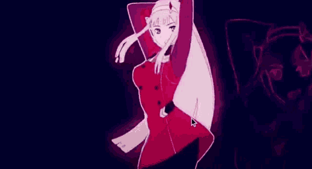 a cartoon girl in a red dress is dancing in front of a purple background .