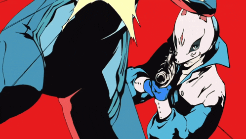 a cartoon drawing of a fox holding a gun with a red background