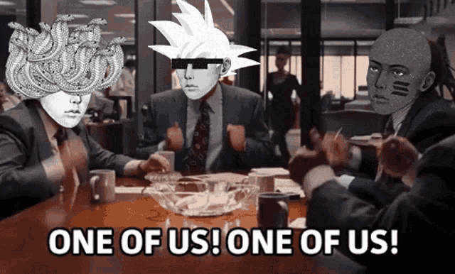 a group of people are sitting around a table and one of them says one of us