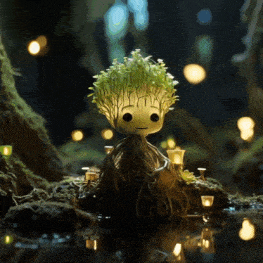 a tree with roots and leaves is sitting in a pond with candles