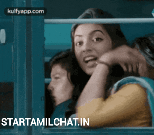 a woman is looking out of a window with the words starttamilchat.in written below her