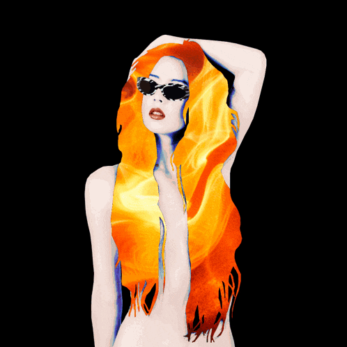 a naked woman with flames painted on her hair