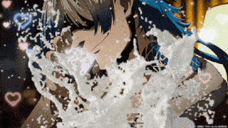 a man with blue hair is surrounded by water splashes