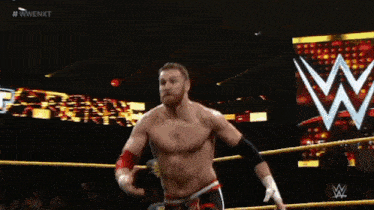 two men are wrestling in a wrestling ring with a w logo in the background ..