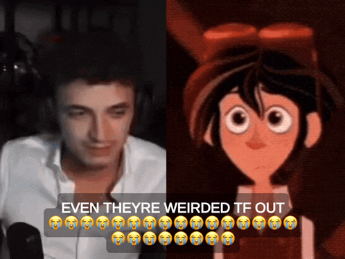 a picture of a man and a picture of a cartoon character with the caption even theyre weirded tf out