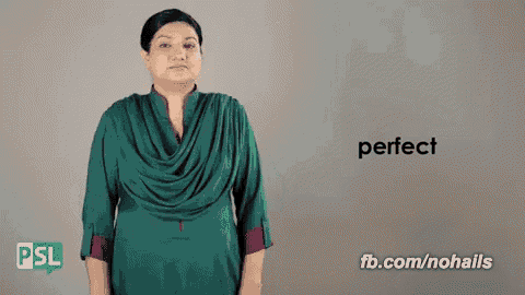 a woman in a green dress says perfect in sign language .