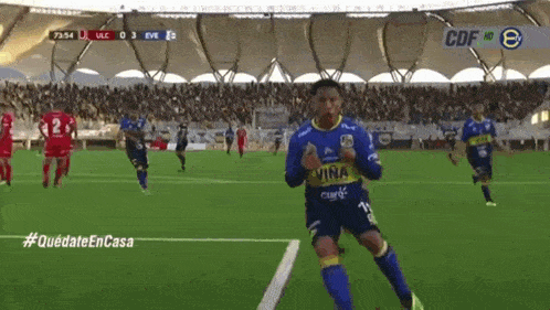 a soccer player wearing a blue jersey that says vina on it