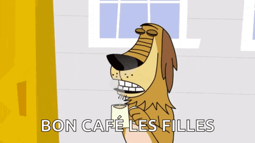 a cartoon dog is drinking a cup of coffee with the words bon cafe les filles below it