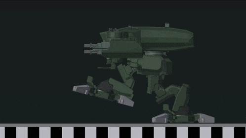 a green robot is walking on a black and white checkered floor