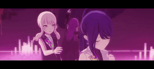 a group of anime girls standing next to each other in a dark room .