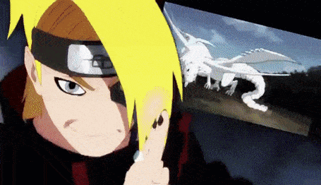 a cartoon character with yellow hair is holding a sword in front of a dragon