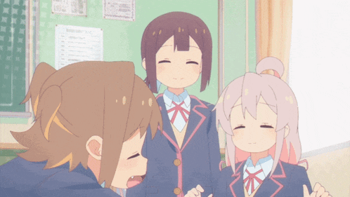 a group of anime girls are standing in front of a green board