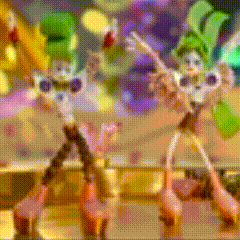 a blurred image of two cartoon characters dancing