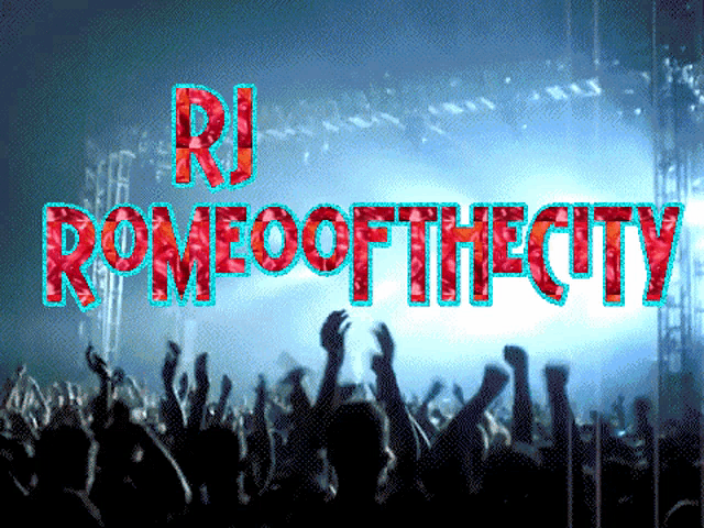 a crowd of people at a concert with the words rj romeo of the city written in red