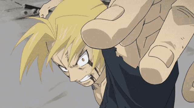 a cartoon character with blood on his face is being held by someone 's finger