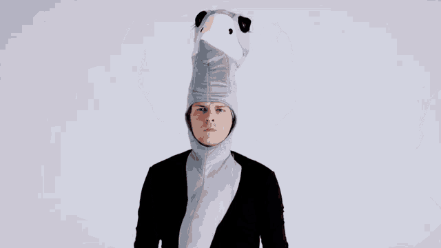 a man wearing a stuffed animal hat and scarf with his hands in the air