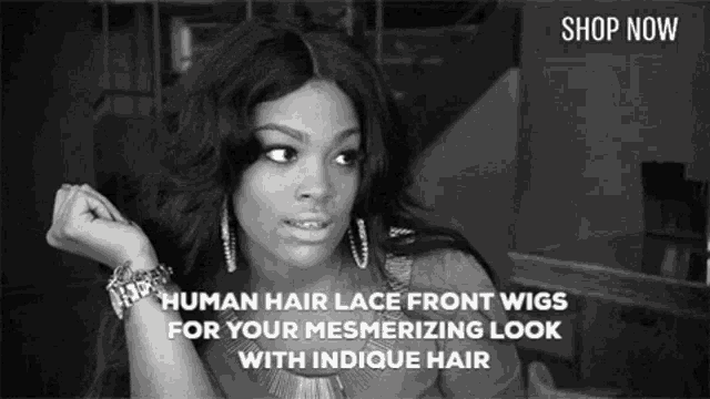 a black and white photo of a woman with the words human hair lace front wigs for your mesmerizing look with indique hair