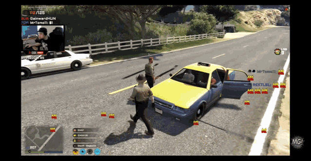 a screenshot of a video game showing a police officer walking towards a taxi