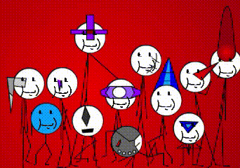 a group of stick figures are standing next to each other on a red background ..