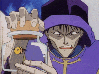 a man in a purple hood is holding a bottle with a bee on it