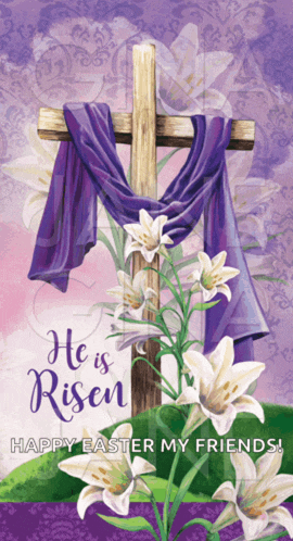 a cross with a purple scarf around it and the words he is risen