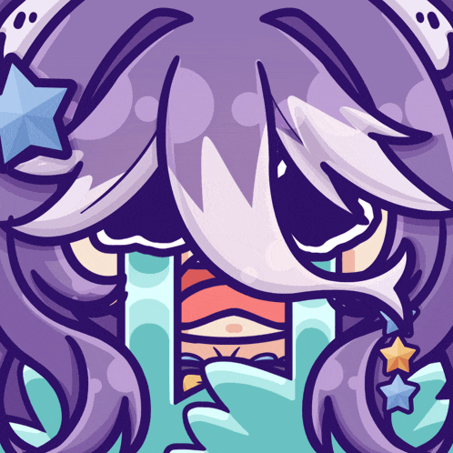 a cartoon drawing of a girl with purple hair and a star on her head