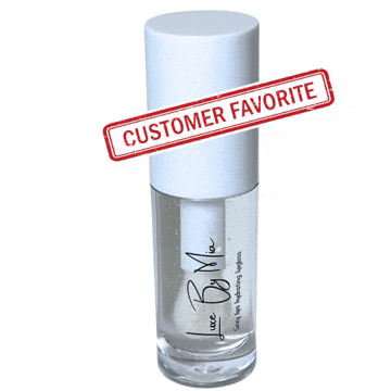a clear bottle of lip gloss with a customer favorite stamp