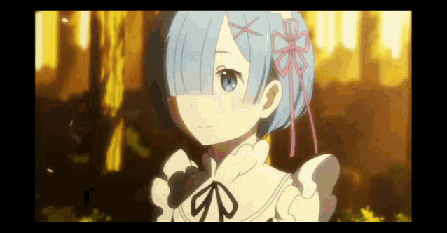 a girl with blue hair and a pink flower in her hair