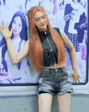 a girl with red hair is standing in front of a poster that says ' lucky girl '