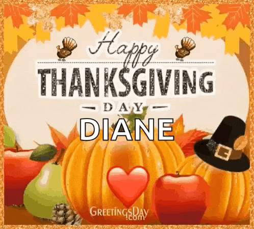 a happy thanksgiving day greeting card with a pumpkin , apples , turkey , and pilgrim hat .