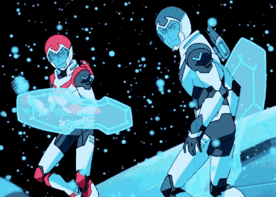 a cartoon drawing of a robot with a shield and a sword