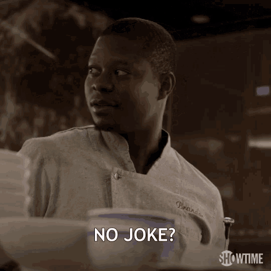 a man in a chef 's jacket says " no joke " in a showtime ad