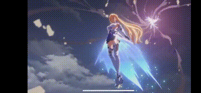 a woman with long blonde hair is flying through the air with a sword in her hand .