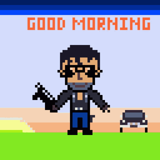 a pixel art of a man with a gun and the words good morning