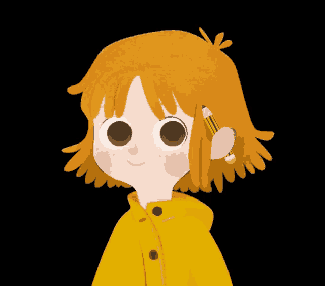 a girl with a pencil in her ear is wearing a yellow raincoat