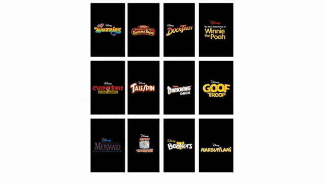 a bunch of disney logos are on a black background