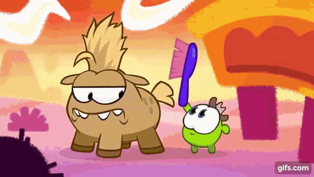 a cartoon character holding a toothbrush standing next to another cartoon character