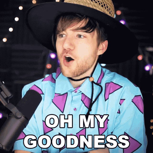 a man wearing a cowboy hat and a blue shirt says oh my goodness