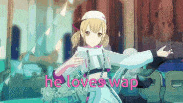 a girl is dancing in a video game with the words `` he loves wap '' written in pink .