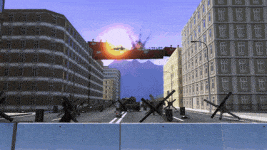 a computer generated image of a city with buildings and a sign that says xp on it