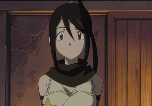 a girl with black hair and a scarf around her neck has a yellow star on her chest