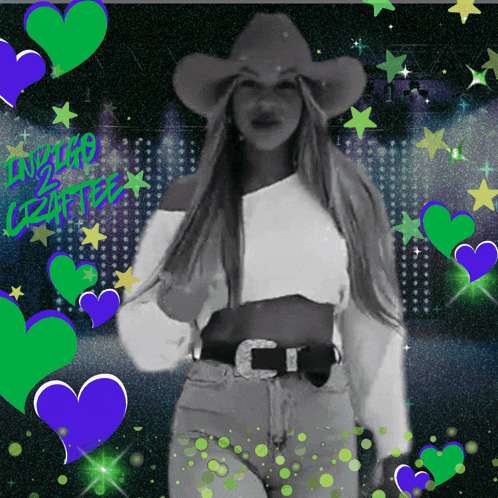 a woman wearing a cowboy hat is surrounded by purple and green hearts
