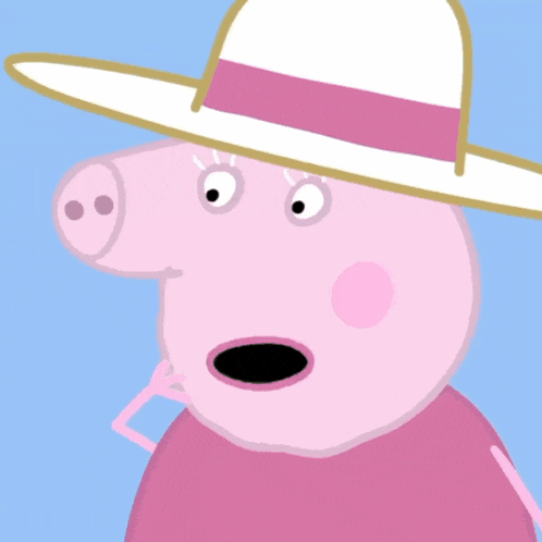 a pink pig wearing a white hat with a surprised look on his face