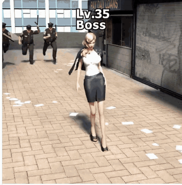 a woman is walking down a sidewalk with lv 35 boss written on the bottom