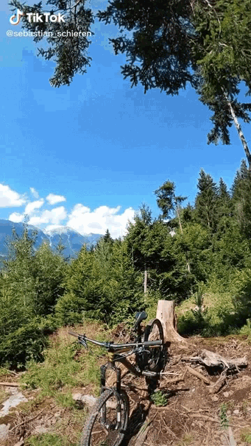 a bicycle is parked in the middle of a forest with mountains in the background and a tiktok watermark at the bottom