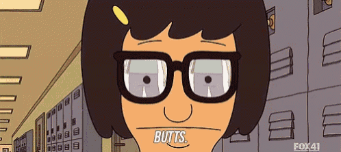 a cartoon character with glasses and the word butts on his face