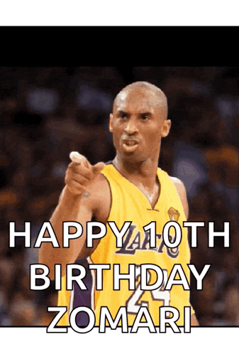 a basketball player in a lakers jersey is pointing at the camera and says happy 10th birthday zomari