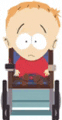 a cartoon character is sitting in a wheelchair with a sad face .