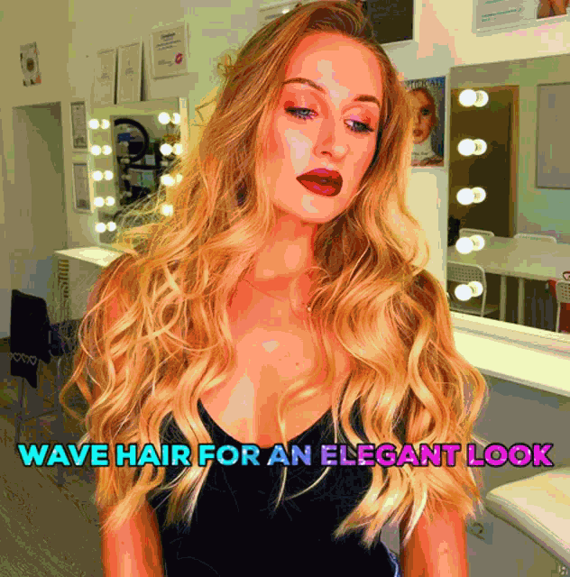 a woman with long blonde hair has the words wave hair for an elegant look written above her