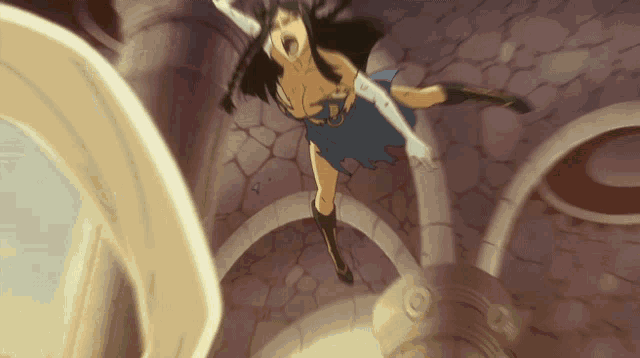 a cartoon drawing of a woman in a blue dress and black boots